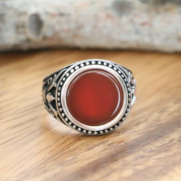 925 Sterling Silver Men's Ring Natural Red Agate - Picture 5 of 9